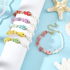 Bracelets d'été pour femmes, en porcelaine faite main, ornés de poissons, de pierres précieuses et de perles de rocaille, avec des motifs de poissons et de pierres précieuses., avec des étoiles de mer turquoise synthétiques, or