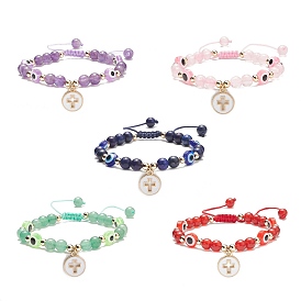 5pcs 5 ensemble de bracelets à breloques en forme de croix en alliage d'émail de style, Bracelets réglables tressés en résine et pierres précieuses naturelles mélangées pour femmes, mauvais œil