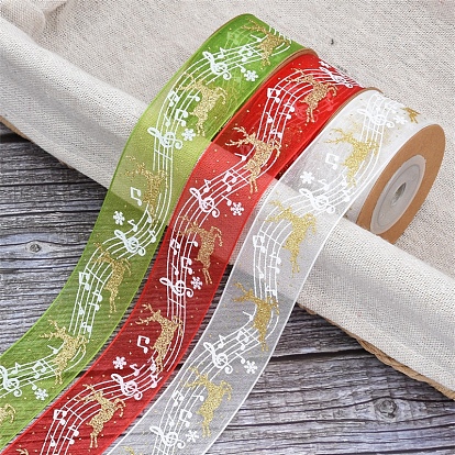 5M Christmas Theme Polyester Ribbons, Flat Ribbon with Hot Stamping Reindeer and Musical Note Pattern, Garment Accessories