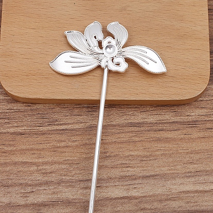 Alloy Hair Stick Findings, Rhinestones Settings, with Iron Pins, Flower