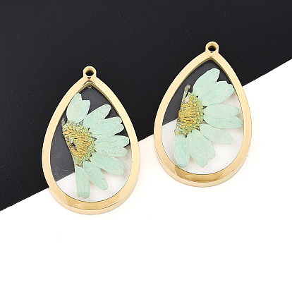 304 подвески из нержавеющей стали с эпоксидной смолой, слезинка с сухоцветом, ионное покрытие (ip), реальный 18 k позолоченный