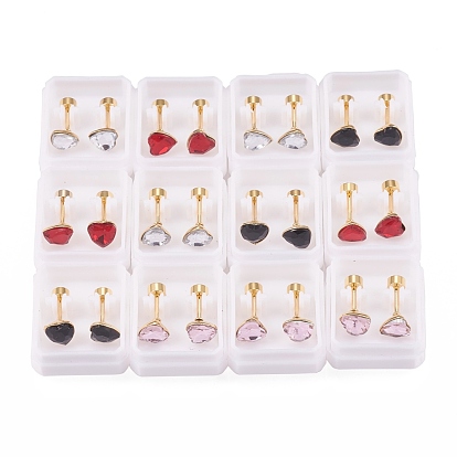 304 Stainless Steel Earlobe Plugs, Screw Back Earrings, with Glass, Heart, Golden