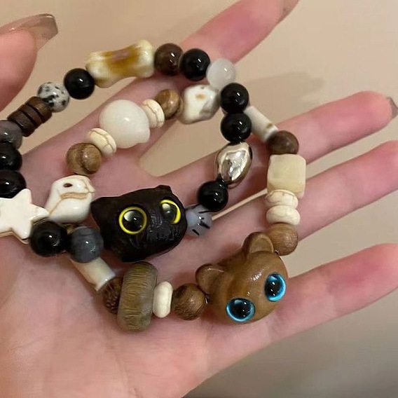 Браслеты из дерева и стеклянных бусин, эластичные браслеты из смолы в форме кошки для мужчин и женщин