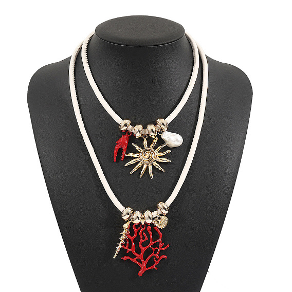 Подвеска из сплава и пластика в форме коралла с жемчужинами солнечного красного цвета, двухслойное ожерелье из искусственной кожи