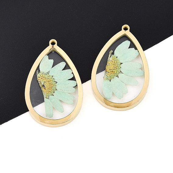 304 подвески из нержавеющей стали с эпоксидной смолой, слезинка с сухоцветом, ионное покрытие (ip), реальный 18 k позолоченный