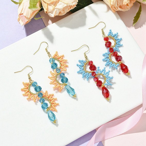 Handmade Glass Seed Beads & Glass Dangle Earrings, with 304 Stainless Steel Earrings, Flower, Golden
