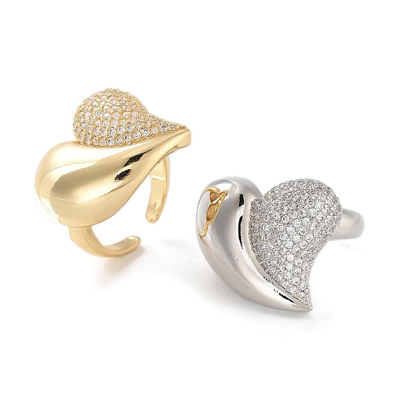 Латунное кольцо-манжета с микро-паве и прозрачным цирконием в форме сердца для женщин