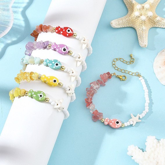 Summer Beach Handmade Porcelain Fish & Gemstone Chip Seed Beads Beaded Bracelets for Women, wtih Synthetic Turquoise Starfish, Golden