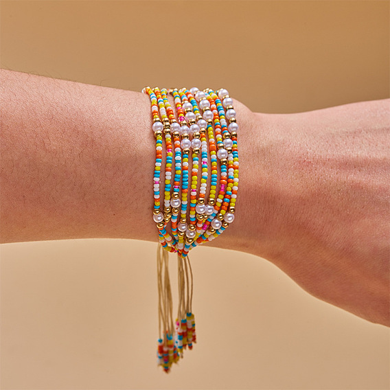 Браслеты из плетеных бусин в богемном стиле, многожильные браслеты для женщин, с пластиковой жемчужины