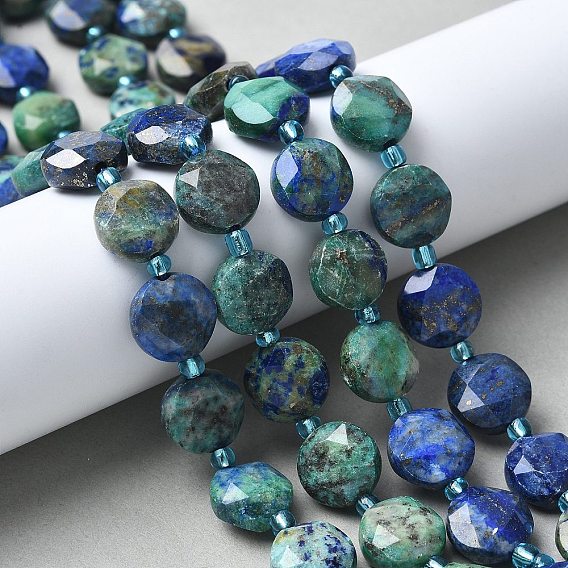 Натуральные бусы из хризоколлы и лазурита, плоско-круглые, граненый шестиугольный разрез, с бисером