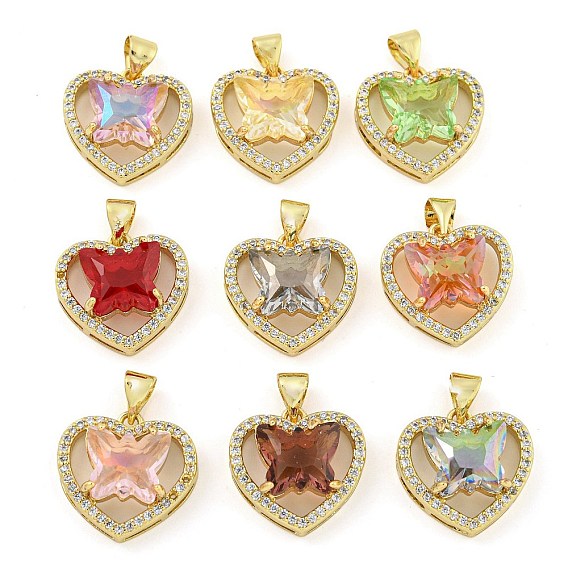 Rack Plating Brass Micro Pave Clear Cubic Zirconia Pendants, with Glass, Long-Lasting Plated, Cadmium Free & Lead Free, Heart with Butterfly Charms
