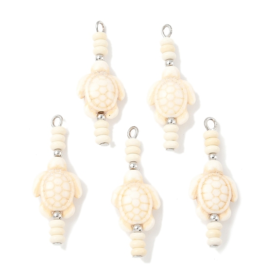 Подвески из бисера-рондель в виде черепахи из окрашенной синтетической бирюзы, с железными петлями, платина