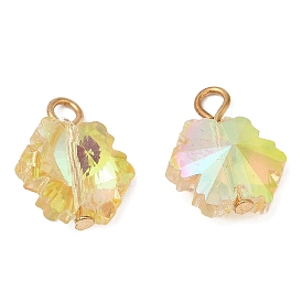 Glass Pendants, with Light Gold Brass Loops, Faceted, Flower Charms