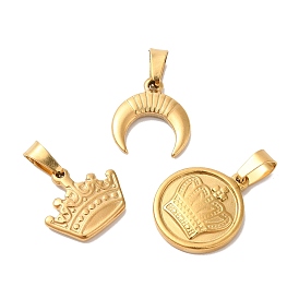 304 Stainless Steel Pendants, Golden, Double Horn/Crescent Moon & Crown & Flat Round Charm