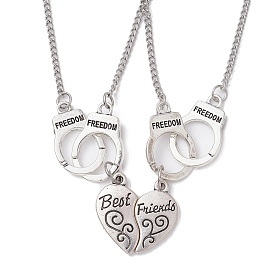 2Pcs 2 Style Heart & Handcuffs Alloy Pendant Necklaces Set, Matching Couple Necklacel with 304 Stainless Steel Chains for Friends