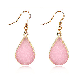 Gold Resin Vintage Earrings with Natural Stone Drop Pendant and Hook