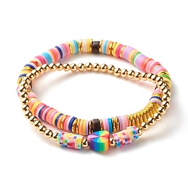 Handmade Polymer Clay Heishi Beads Stretch Bracelets Sets, Synthetic Hematite Beads Power Bracelets, Coconut & Brass Beads Bracelets for Women
