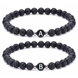 Natural Volcanic Stone Letter Bracelet with Elastic Cord - 26 English Alphabet Charms for Couples