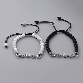 Natural Gemstone Braided Bead Bracelets, with 304 Stainless Steel Rolo Chains and Nylon Thread