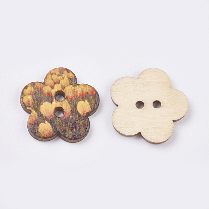Printed Wooden Buttons, 2-Hole, Dyed, Flower