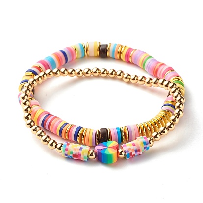 Handmade Polymer Clay Heishi Beads Stretch Bracelets Sets, Synthetic Hematite Beads Power Bracelets, Coconut & Brass Beads Bracelets for Women