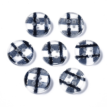 Resin Buttons, 4-Hole, Flat Round with Tartan Pattern