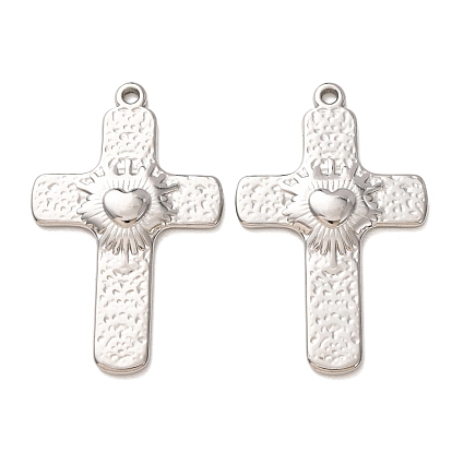304 Stainless Steel Pendants, Hammered Cross with Heart Charms