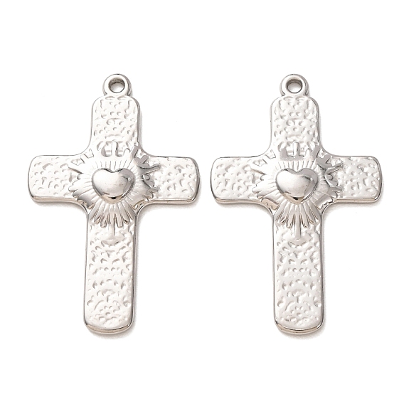 304 Stainless Steel Pendants, Hammered Cross with Heart Charms