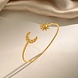 304 Stainless Steel Textured Sun Moon Open Cuff Bangles for Women, Ion Plating(IP)