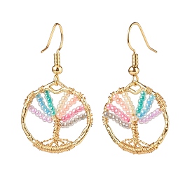 Glass Seed Beaded Tree Dangle Earrings, Brass Wire Wrap Jewelry for Women
