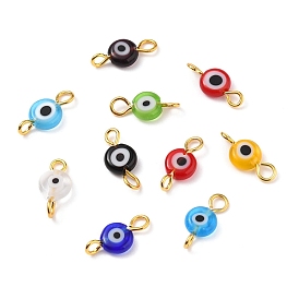 Handmade Lampwork Links Connectors, with Golden Plated Brass Eye Pin, Flat Round with Evil Eye