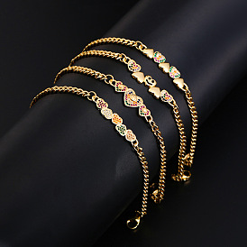 18K Gold Plated Copper Heart Charm Bracelet with Colorful Cubic Zirconia Stones - Fashionable and Trendy Women's Jewelry