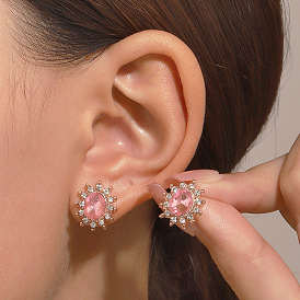 Vintage Style Pink Zircon Sunflower Earrings with Full Diamond Gemstone Studs and Palace-style Flower Ear Jewelry