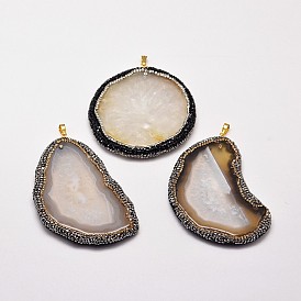 Dyed Natural Agate Pendants, with Golden Plated Brass Findings and Czech Rhinestone, Mixed Shapes, 65~110x47~78x4~6mm, Hole: 3x8mm