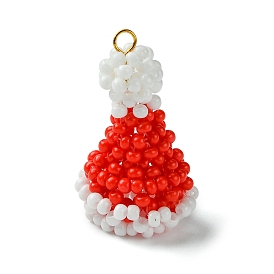 Handmade Glass Seed Beads, Loom Pattern, Christmas Hat Pendants, with 304 Stainless Steel Findings