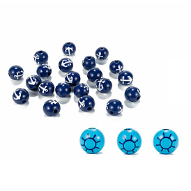 Nautical Theme Printed Wood European Beads, Large Hole Bead, Round with Anchor & Helm Pattern
