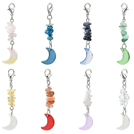 80 piezas 8 colores chip de piedra preciosa natural y colgante de luna de vidrio decoración, con broches de langosta de la aleación de la garra