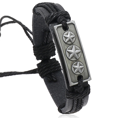 Alloy Star Link Bracelet, Imitation Leather Adjustable Bracelet with Jute Cords