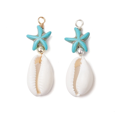 2шт. 2 цвета подвески в виде морской звезды из ракушки каури и синтетической бирюзы, подвески в форме ракушки с латунными бусинами, бирюзового цвета