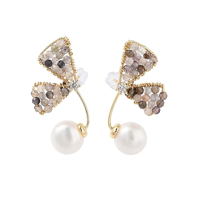 Butterfly Natural Pearl Dangle Stud Earrings, Glass Beaded Earrings with 925 Sterling Silver Pins