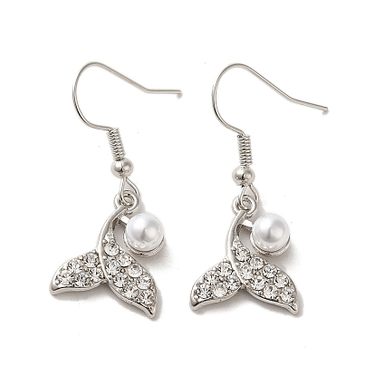 Whale Tail Shape Alloy Rhinestone Dangle Earrings, with Plastic Pearl