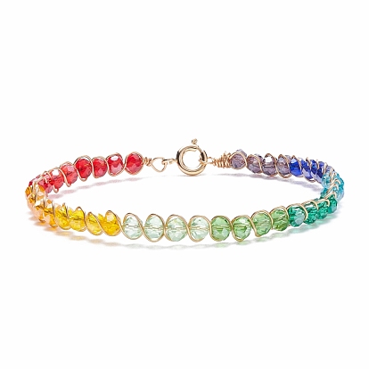 Glass Beaded Bracelet, Golden Brass Wire Wrap Jewelry for Women
