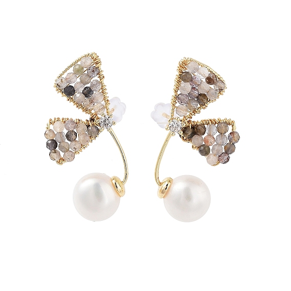 Butterfly Natural Pearl Dangle Stud Earrings, Glass Beaded Earrings with 925 Sterling Silver Pins