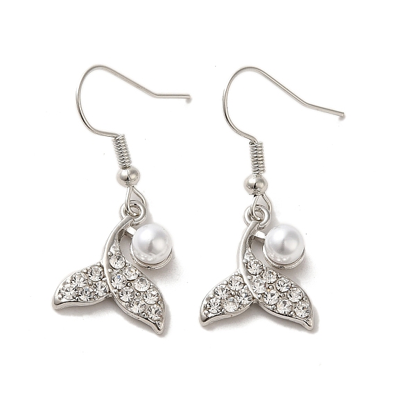 Whale Tail Shape Alloy Rhinestone Dangle Earrings, with Plastic Pearl