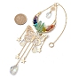 Butterfly & Moon Brass & 304 Stainless Steel Hanging Suncatchers, with Glass Pendants and Mixed Gemstone Chip Beads