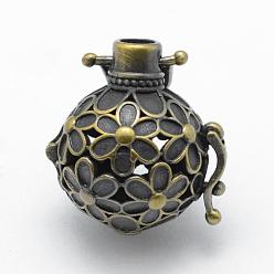 Brass Rack Plating Cage Pendants, For Chime Ball Pendant Necklaces Making, Lead Free & Cadmium Free, Round with Flower