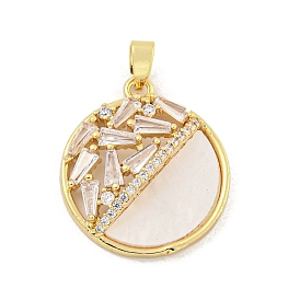 Rack Plating Brass Micro Pave Clear Cubic Zirconia Pendants, with Shell, Long-Lasting Plated, Lead Free & Cadmium Free, Round