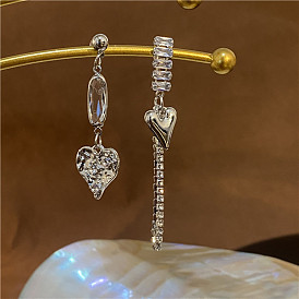 Asymmetric ab style retro zircon heart earrings tassel earrings show face thin tide sweet cool hot girl earrings