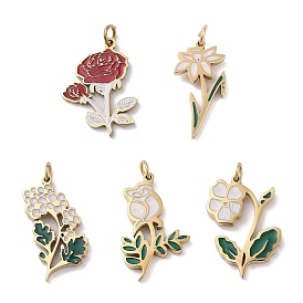 304 Stainless Steel Pendants, with Enamel and Jump Ring, Flower Charm, Golden