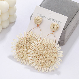 Серьги-гвоздики из цветочного сплава и рафии, золотые